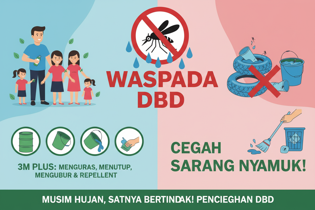 Ilustrasi pencegahan DBD di musim hujan - nyamuk Aedes aegypti dan langkah perlindungan keluarga