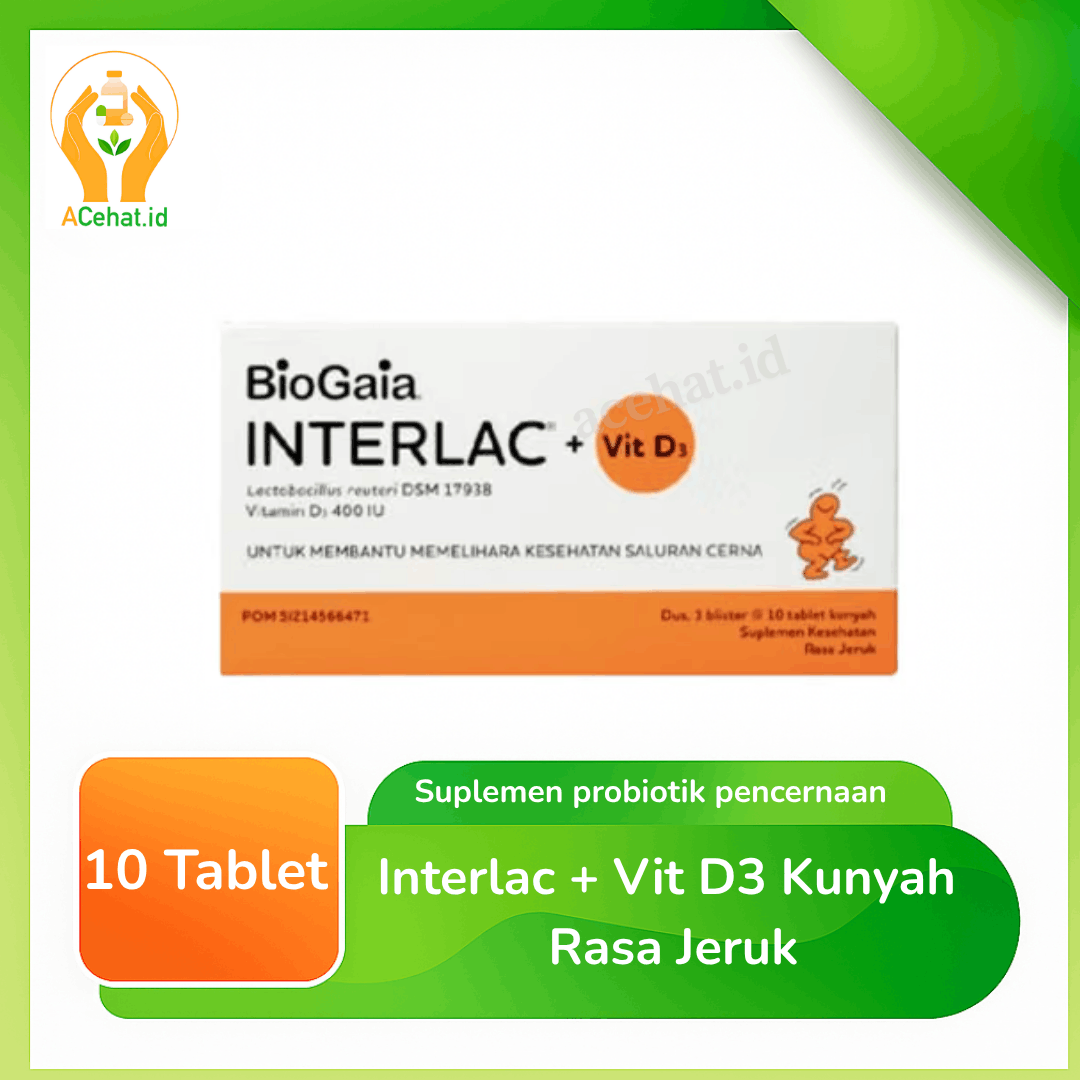 Interlac + Vit D3 Kunyah Rasa Jeruk 10 Tablet